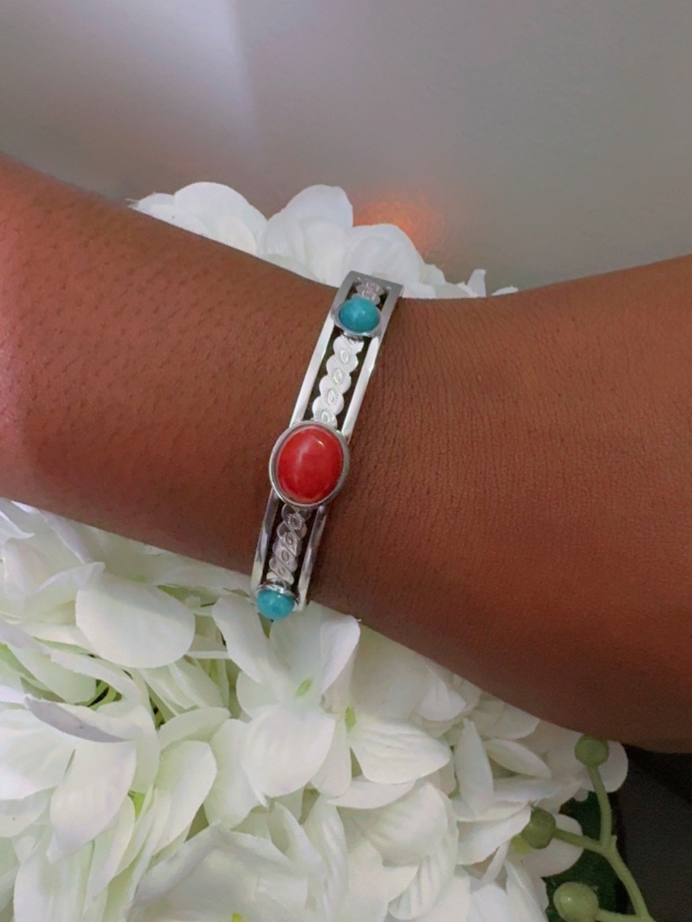 Sterling Silver Coral & Turquoise Bangle Bracelet